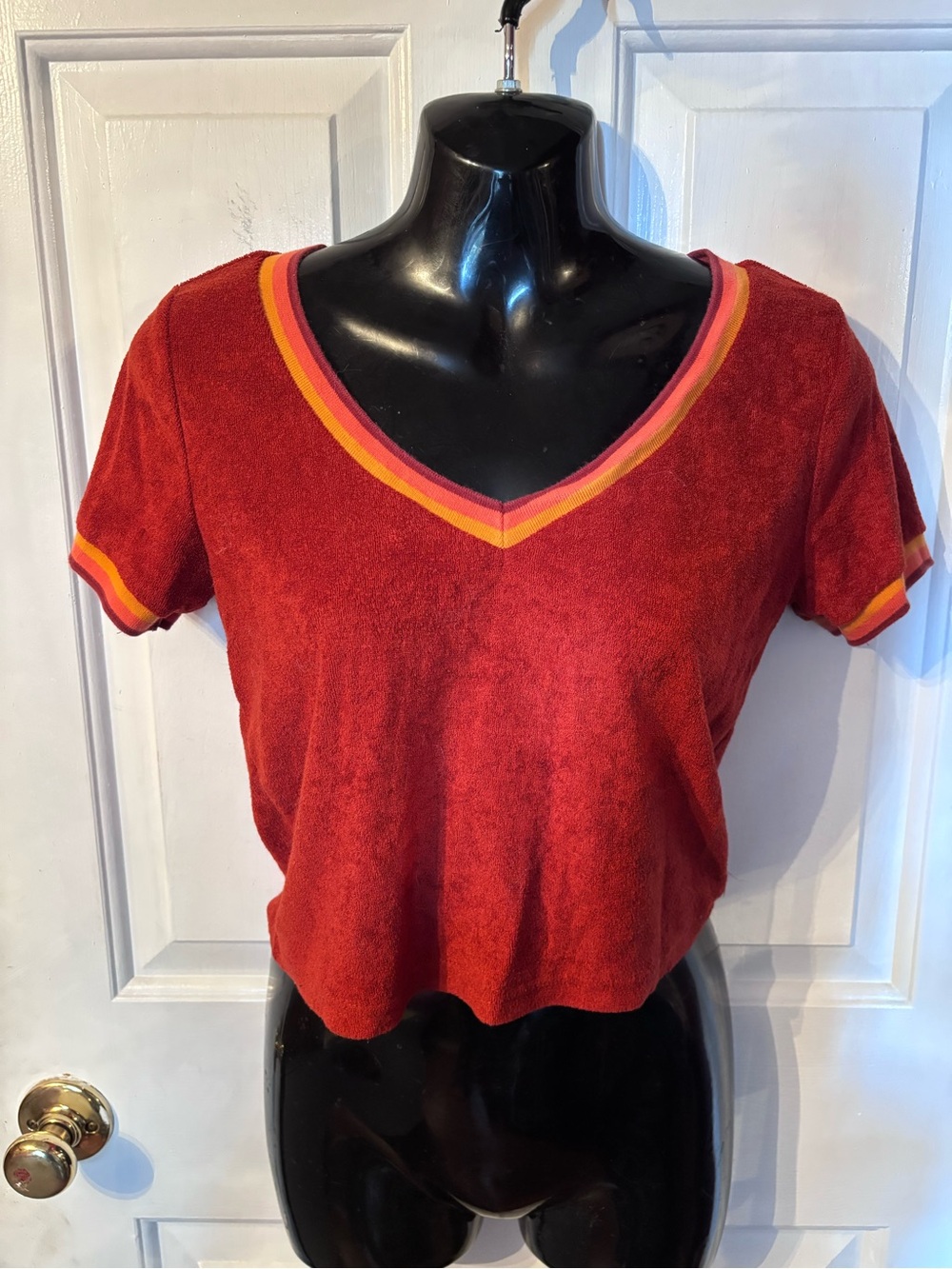 Forever 21 Red V-Neck Terry Cloth Short Sleeve Top